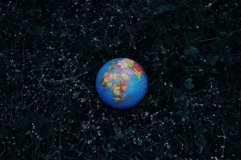 Top view of small colorful Earth globe toy placed on dark grass in nature